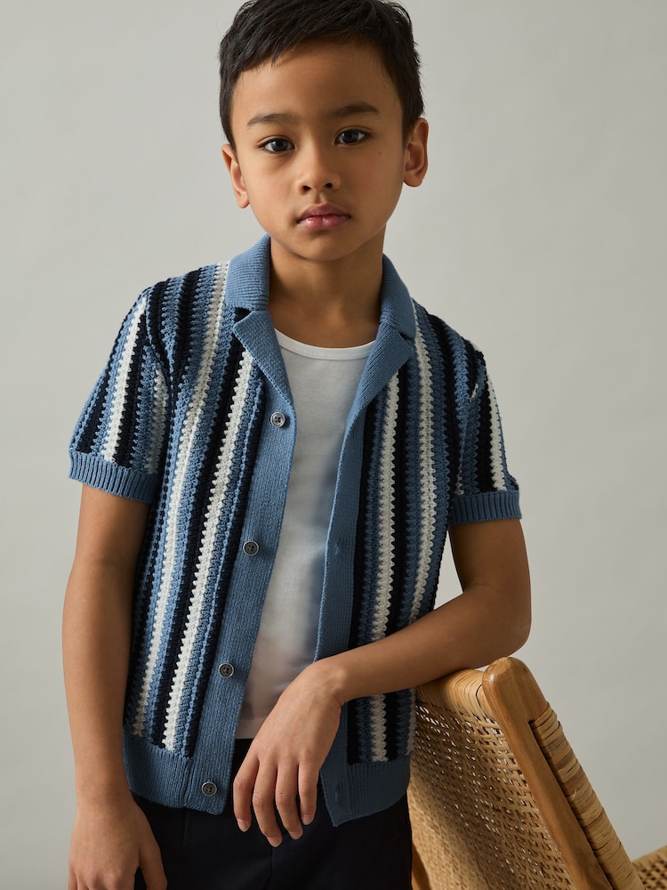 Reiss Airforce Blue Carrington 9-13 yrs Cotton Crochet Stripe Cuban Shirt - Image 1 of 4