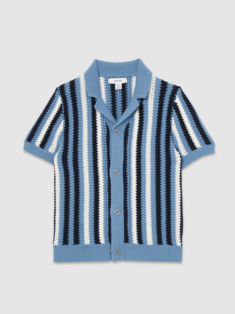 Reiss Airforce Blue Carrington 9-13 yrs Cotton Crochet Stripe Cuban Shirt - Image 2 of 4