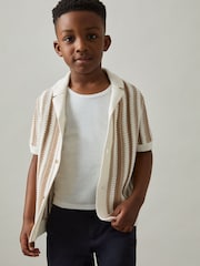 Reiss Natural Carrington 9-13 yrs Cotton Crochet Stripe Cuban Shirt - Image 1 of 4
