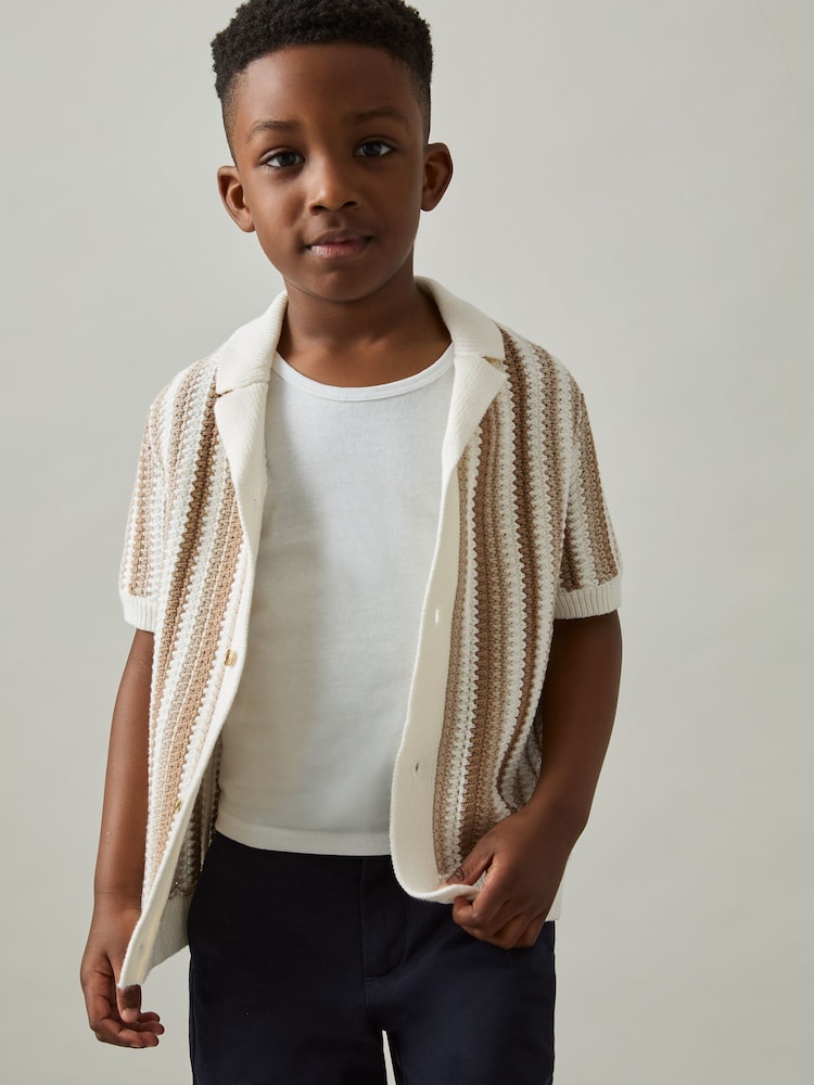 Reiss Natural Carrington 9-13 yrs Cotton Crochet Stripe Cuban Shirt - Image 1 of 4