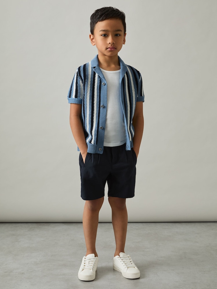 Reiss Airforce Blue Carrington 3-9 yrs Cotton Crochet Stripe Cuban Shirt - Image 1 of 4