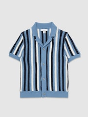 Reiss Airforce Blue Carrington 3-9 yrs Cotton Crochet Stripe Cuban Shirt - Image 2 of 4