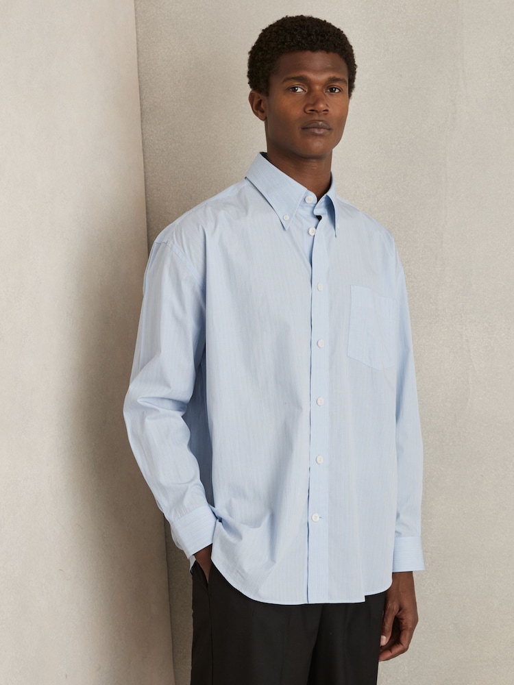 Reiss Soft Blue/White Breathe Oversized Poplin Stripe 100% Cotton Shirt - Image 1 of 6
