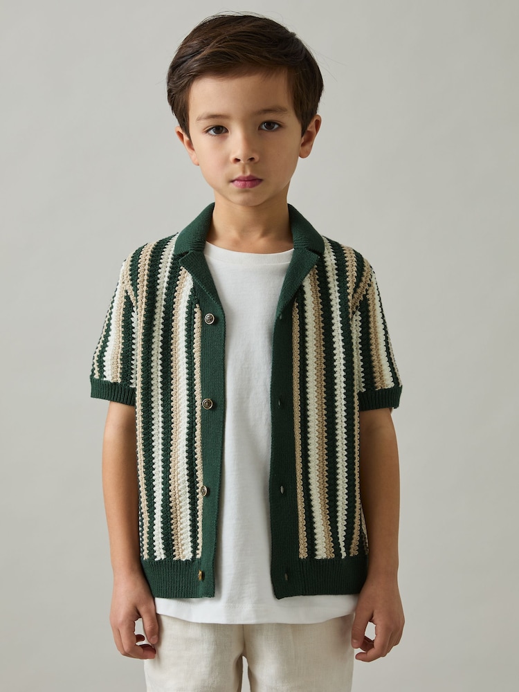 Reiss Green Carrington 9-13 yrs Cotton Crochet Stripe Cuban Shirt - Image 1 of 4