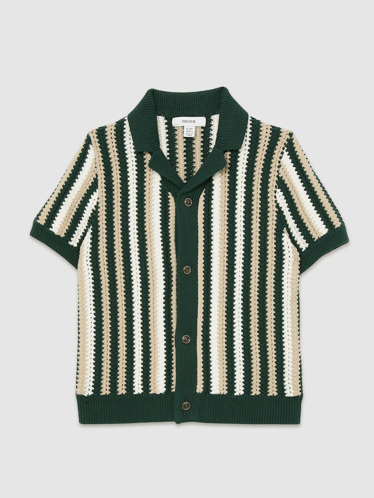 Reiss Green Carrington 9-13 yrs Cotton Crochet Stripe Cuban Shirt - Image 2 of 4