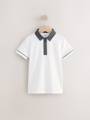 White/Black 100% Cotton Check Collar Short Sleeve Polo Shirt (3-16yrs) - Image 1 of 4