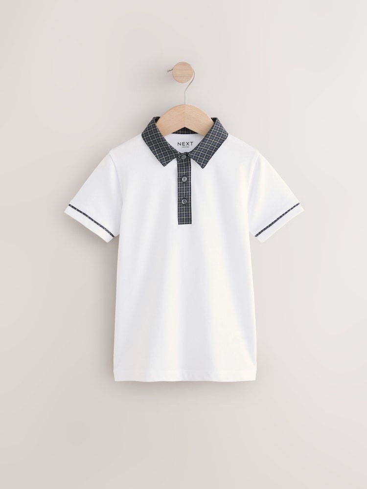 White/Black 100% Cotton Check Collar Short Sleeve Polo Shirt (3-16yrs) - Image 1 of 4