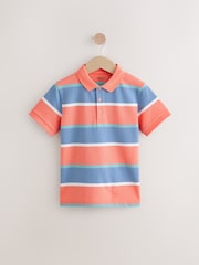 Coral/ Blue Stripe Short Sleeve Polo Shirt (3-16yrs) - Image 1 of 4