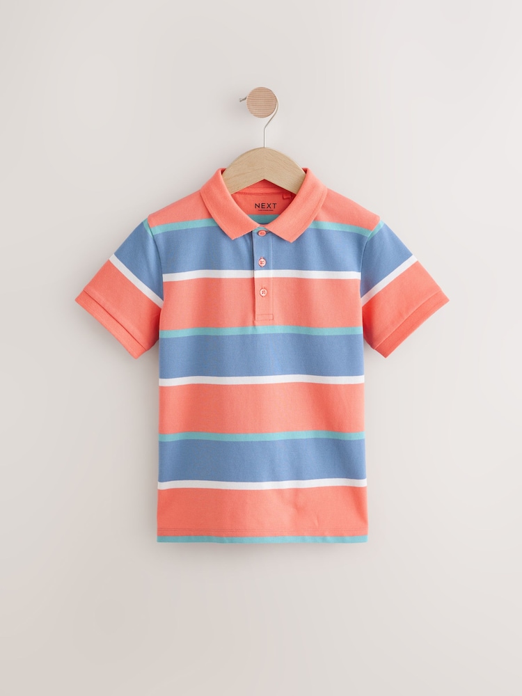 Coral/ Blue Stripe Short Sleeve Polo Shirt (3-16yrs) - Image 1 of 4