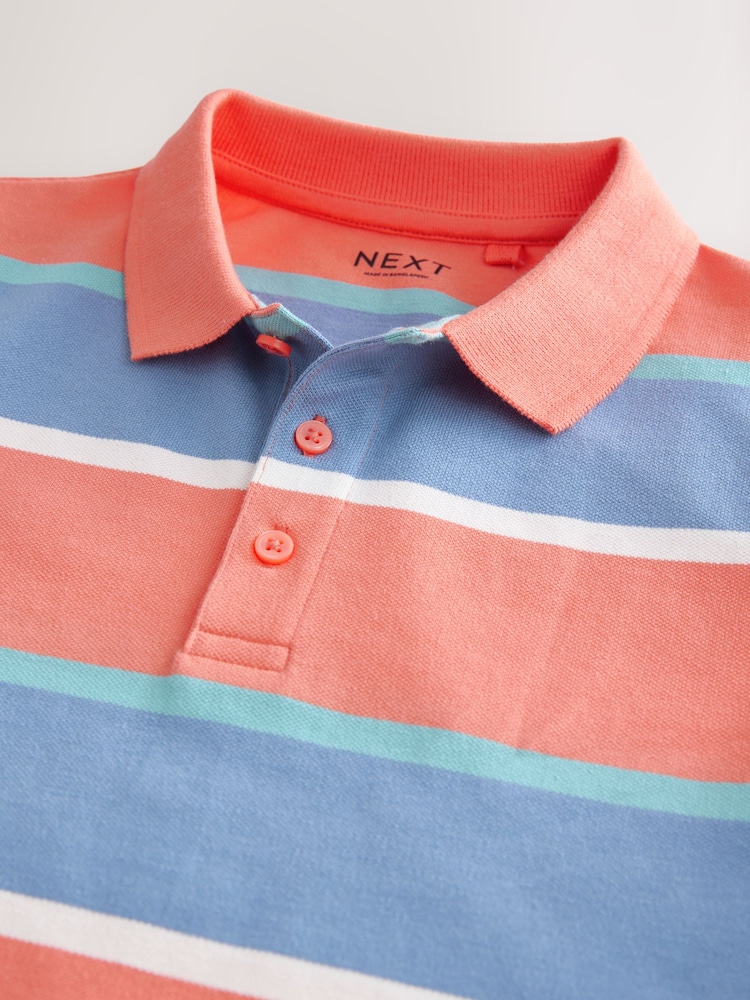 Coral/ Blue Stripe Short Sleeve Polo Shirt (3-16yrs) - Image 3 of 4