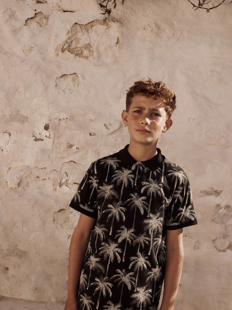 Palmeira preta - Camisa polo de manga curta com estampa completa 100% algodão (3-16anos) - Imagem 1 de 7