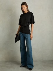 Reiss Cream/Black Audrey Draped Crew-Neck T-Shirt With Cotton - Image 1 of 6