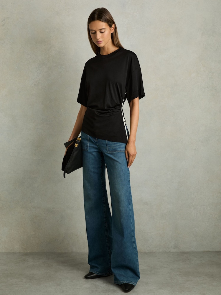 Reiss Cream/Black Audrey Draped Crew-Neck T-Shirt With Cotton - Image 1 of 6