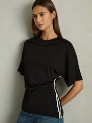 Reiss Cream/Black Audrey Draped Crew-Neck T-Shirt With Cotton - Image 3 of 6