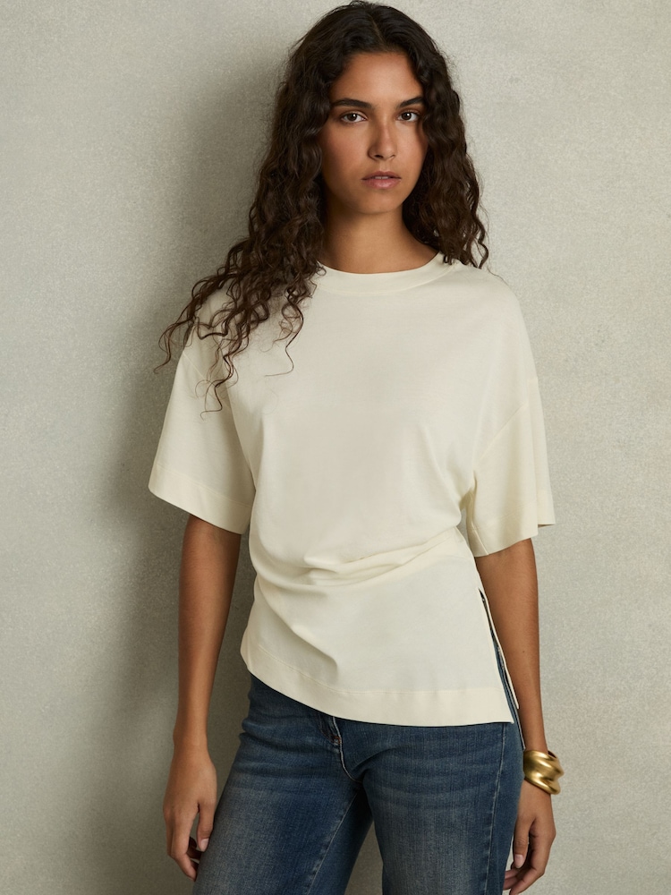 Reiss Ivory Audrey Draped Crew-Neck T-Shirt With Cotton - Image 1 of 6