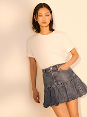 Mid Blue Puffball Denim 100% Cotton Mini Skirt - Image 1 of 8