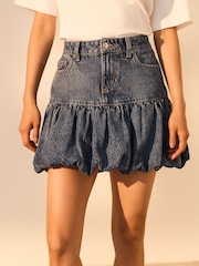 Mid Blue Puffball Denim 100% Cotton Mini Skirt - Image 3 of 8