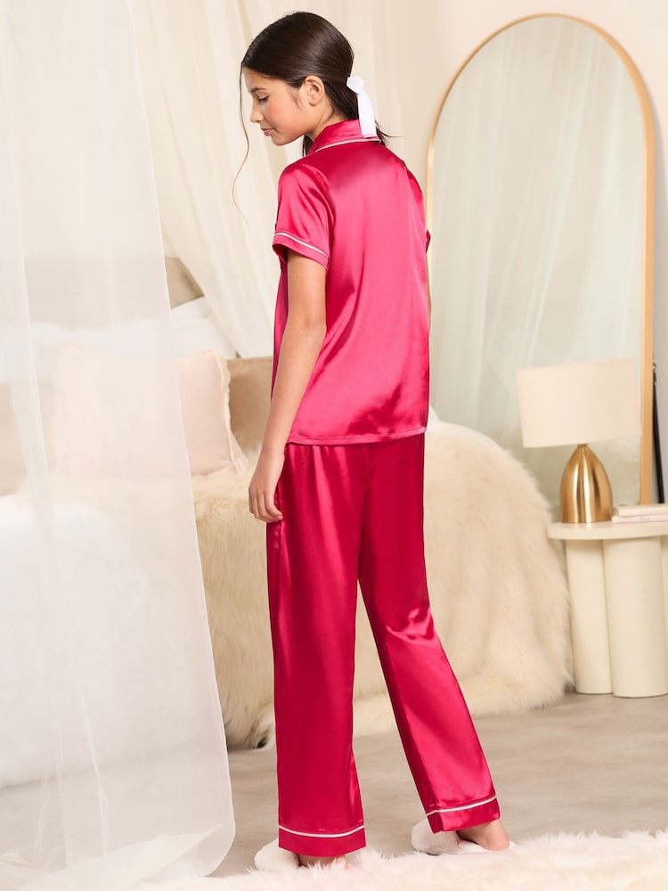 Lipsy Bright Pink Satin Shirt And Long Leg Pyjamas Set (5-16yrs) - Image 4 of 4
