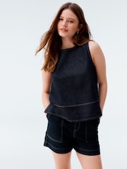 أزرق شاحب - Round Neck Denim 100% Cotton Shell Top - صورة 1 من 6