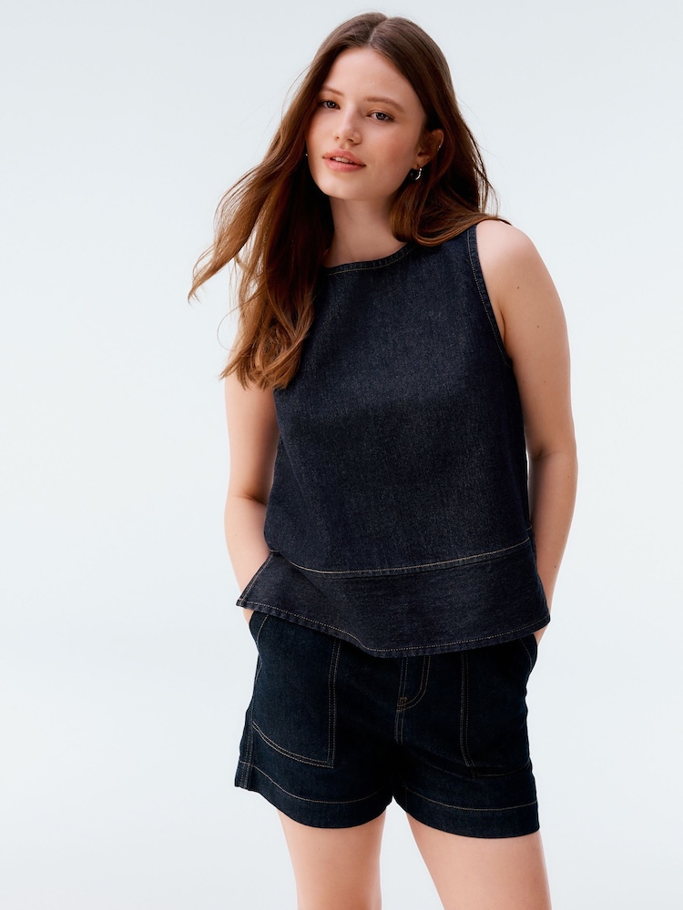 أزرق شاحب - Round Neck Denim 100% Cotton Shell Top - صورة 1 من 6