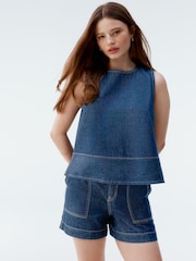 Bleu moyen - Round Neck Denim 100% Cotton Shell Top - Image 1 de 5