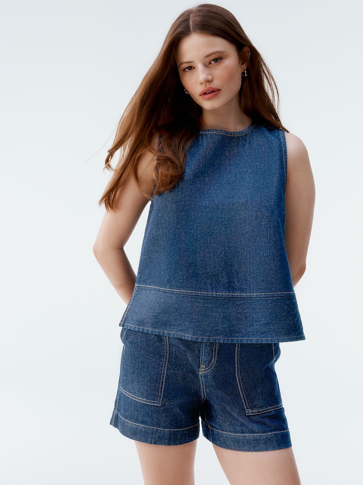 Bleu moyen - Round Neck Denim 100% Cotton Shell Top - Image 1 of 5