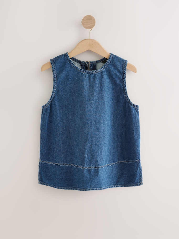 Bleu moyen - Round Neck Denim 100% Cotton Shell Top - Image 3 of 5
