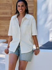 Ecru Oversized Short Sleeve 100% Cotton Denim Shirt - Image 2 of 9