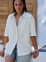 Ecru Oversized Short Sleeve 100% Cotton Denim Shirt - Image 3 of 9