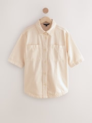 Ecru Oversized Short Sleeve 100% Cotton Denim Shirt - Image 7 of 9