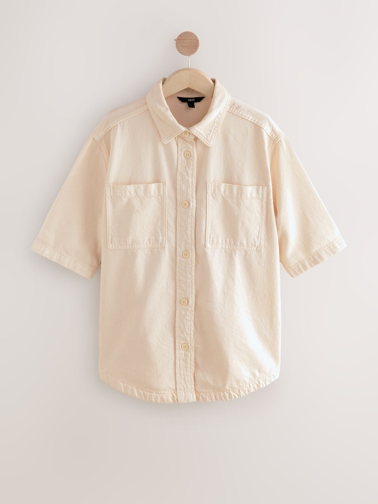 Ecru Oversized Short Sleeve 100% Cotton Denim Shirt - Image 1 of 3