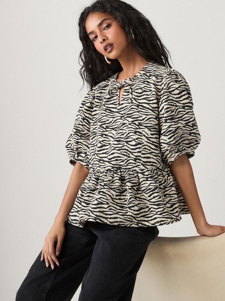 Zebra Printed Tie Front Denim Blouse - Image 1 of 8