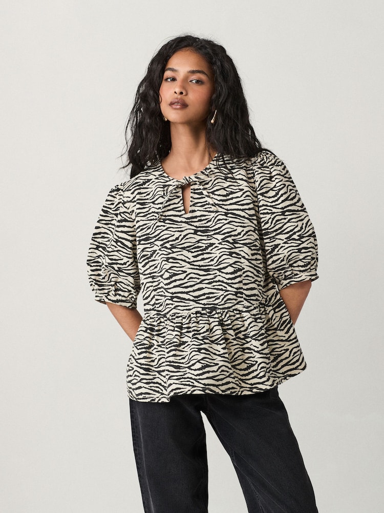 Zebra Printed Tie Front Denim Blouse - Image 2 of 8