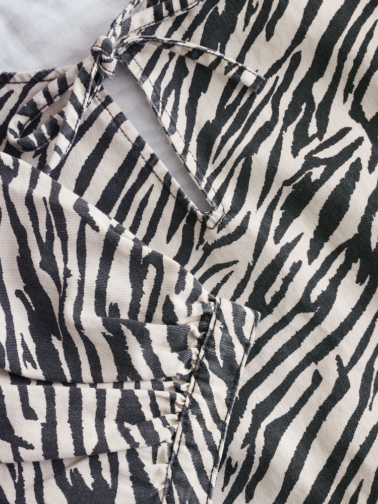 Zebra Printed Tie Front Denim Blouse - Image 8 of 8