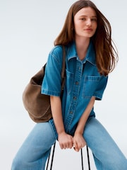 Mid Blue Oversized Short Sleeve 100% Cotton Denim Shirt - Image 1 of 8