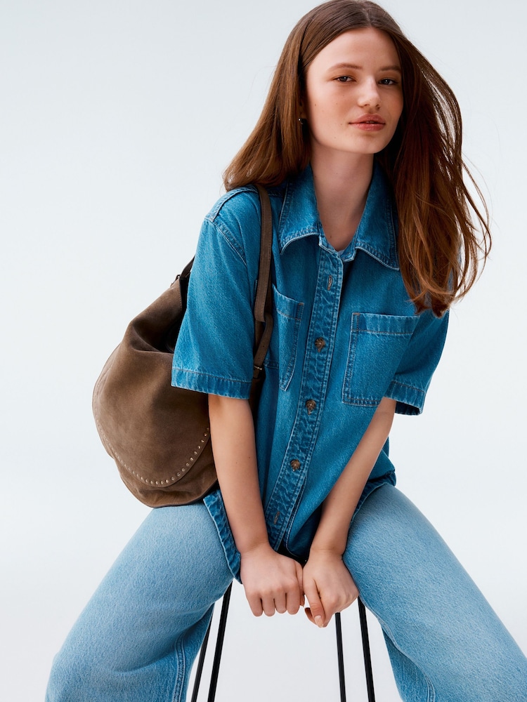 Mid Blue Oversized Short Sleeve 100% Cotton Denim Shirt - Image 1 of 8
