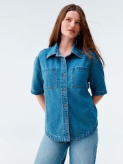 Mid Blue Oversized Short Sleeve 100% Cotton Denim Shirt - Image 2 of 8