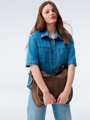 Mid Blue Oversized Short Sleeve 100% Cotton Denim Shirt - Image 3 of 8