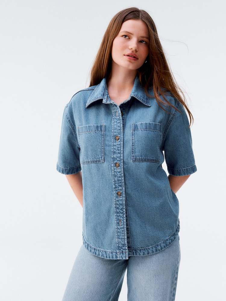 Buy Mid Blue Oversized Short Sleeve 100% Cotton Denim Shirt from
