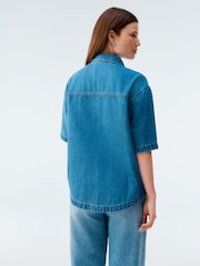 Mid Blue Oversized Short Sleeve 100% Cotton Denim Shirt - Image 4 of 8