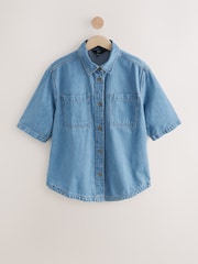 Mid Blue Oversized Short Sleeve 100% Cotton Denim Shirt - Image 6 of 8