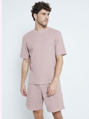 River Island Pink 100% Cotton T-Shirt and Waffle Shorts Set - Image 1 of 4