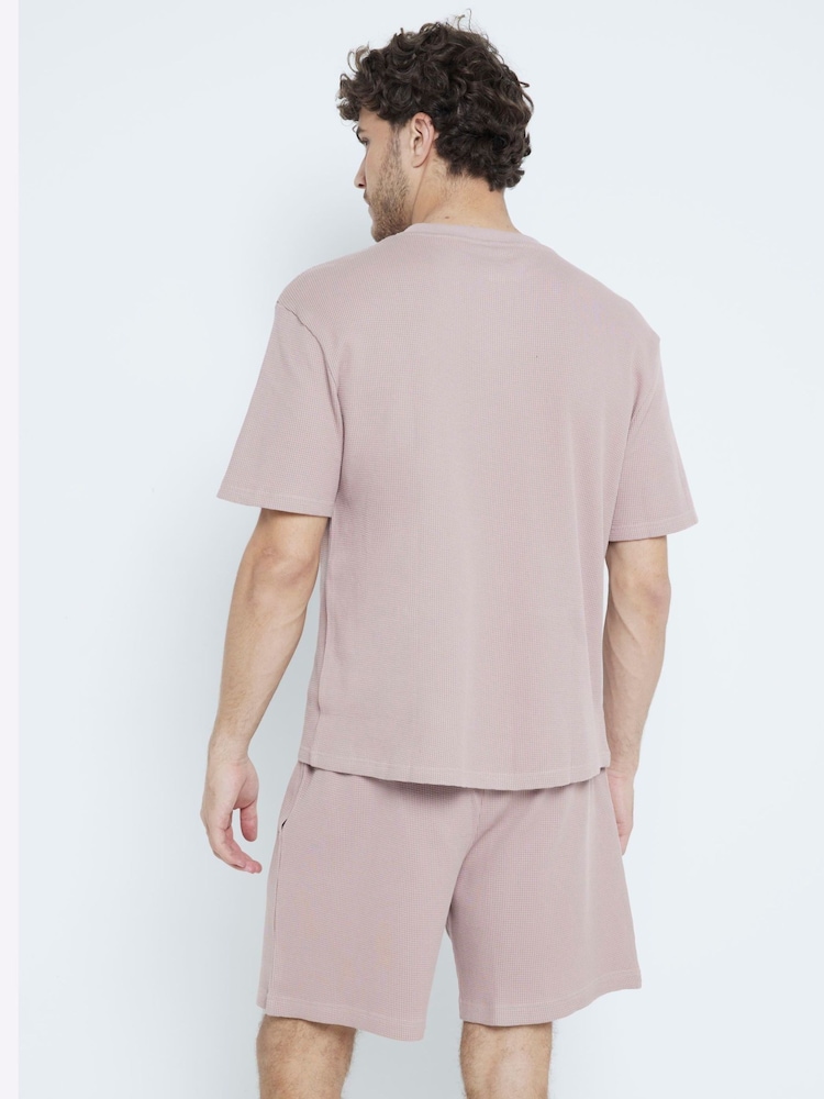 River Island Pink 100% Cotton T-Shirt and Waffle Shorts Set - Image 3 of 4