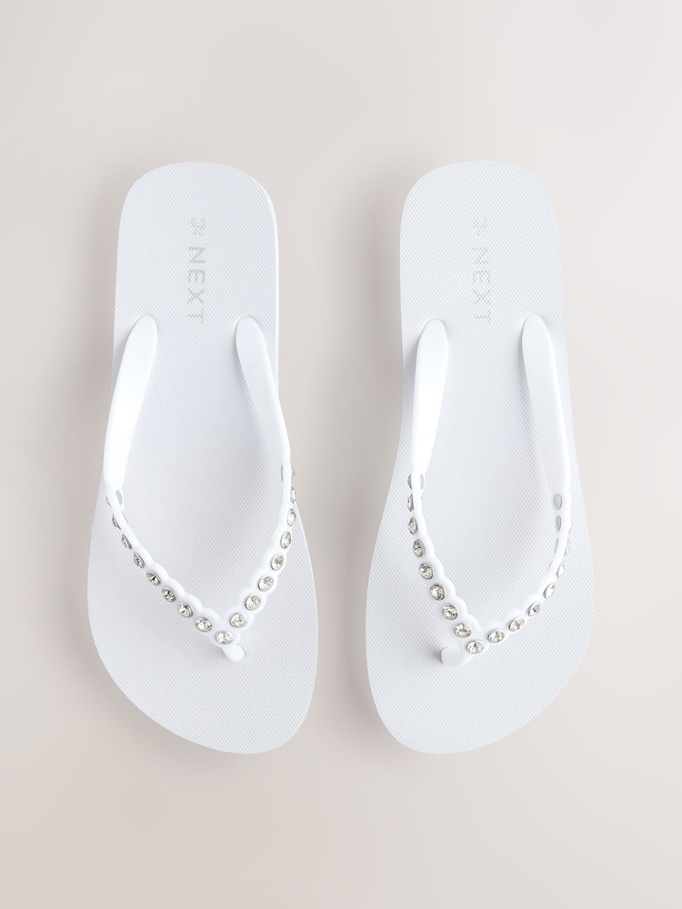 White Jewelled Beach Flip Flops - Image 1 of 7