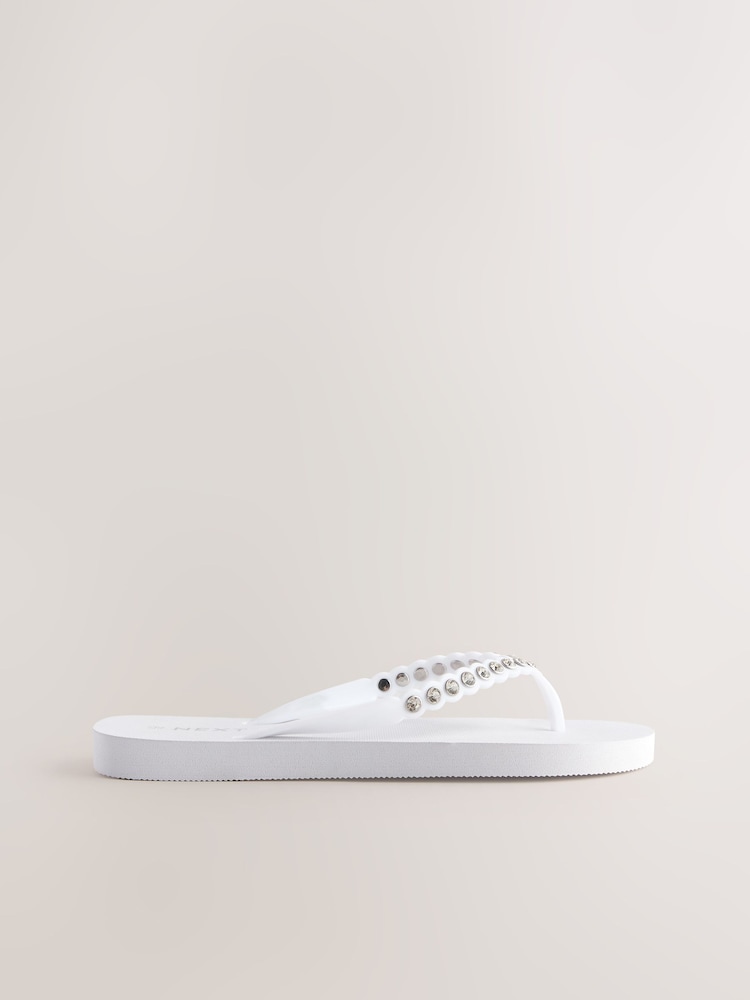 White Jewelled Beach Flip Flops - Image 4 of 7