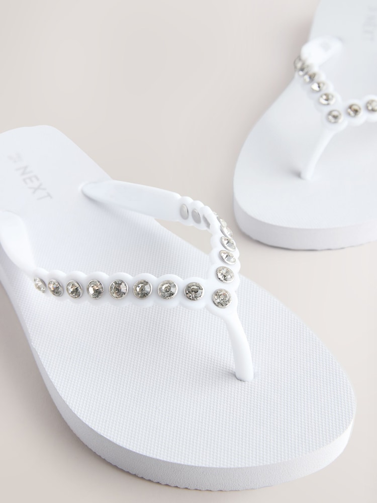 White Jewelled Beach Flip Flops - Image 5 of 7
