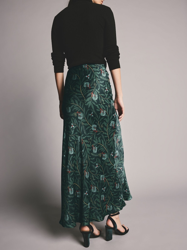 Green Festive Christmas Bauble Printed Satin Midi Skirt - Image 2 of 7