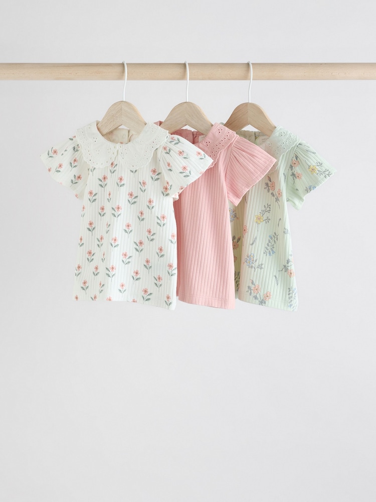 Pink and White Floral Baby Jersey Short Sleeve Tops 3 Pack - Image 1 of 11