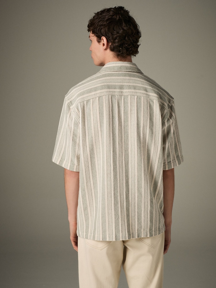 Зелений - 100% Cotton Textured у смужку з коротким рукавом сорочки - Image 3 of 9