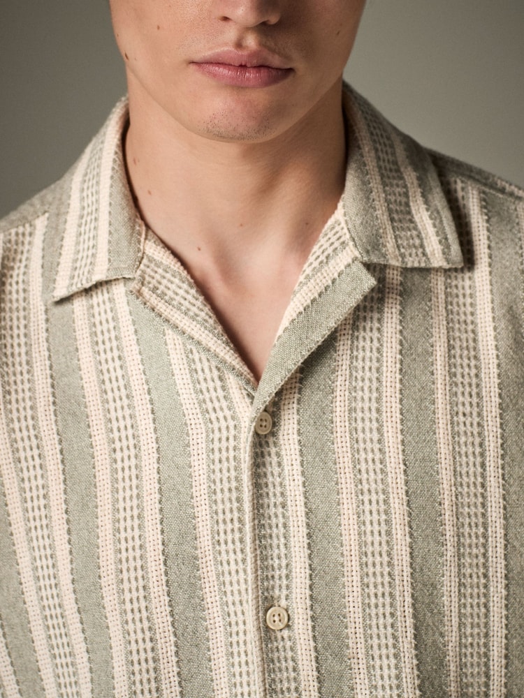 Зелений - 100% Cotton Textured у смужку з коротким рукавом сорочки - Image 6 of 9